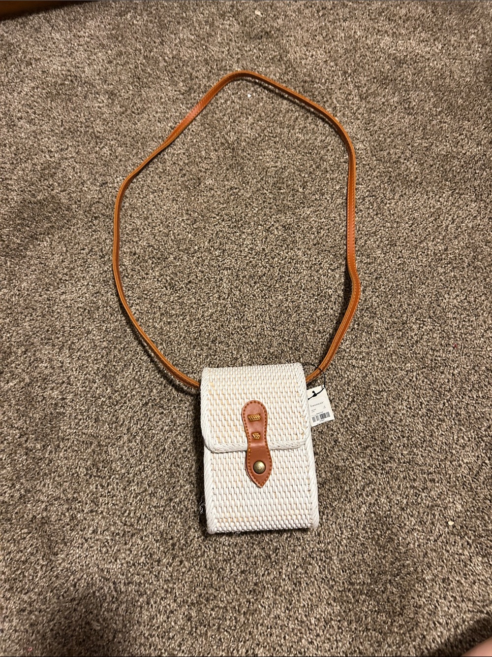Francesca's Collections White Woven Crossbody with Tan Strap
